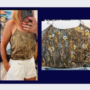 VTG Melanie Barnhart, Gold Metal & Silk, Embroidered Pull-Over Top, Exquisite! M